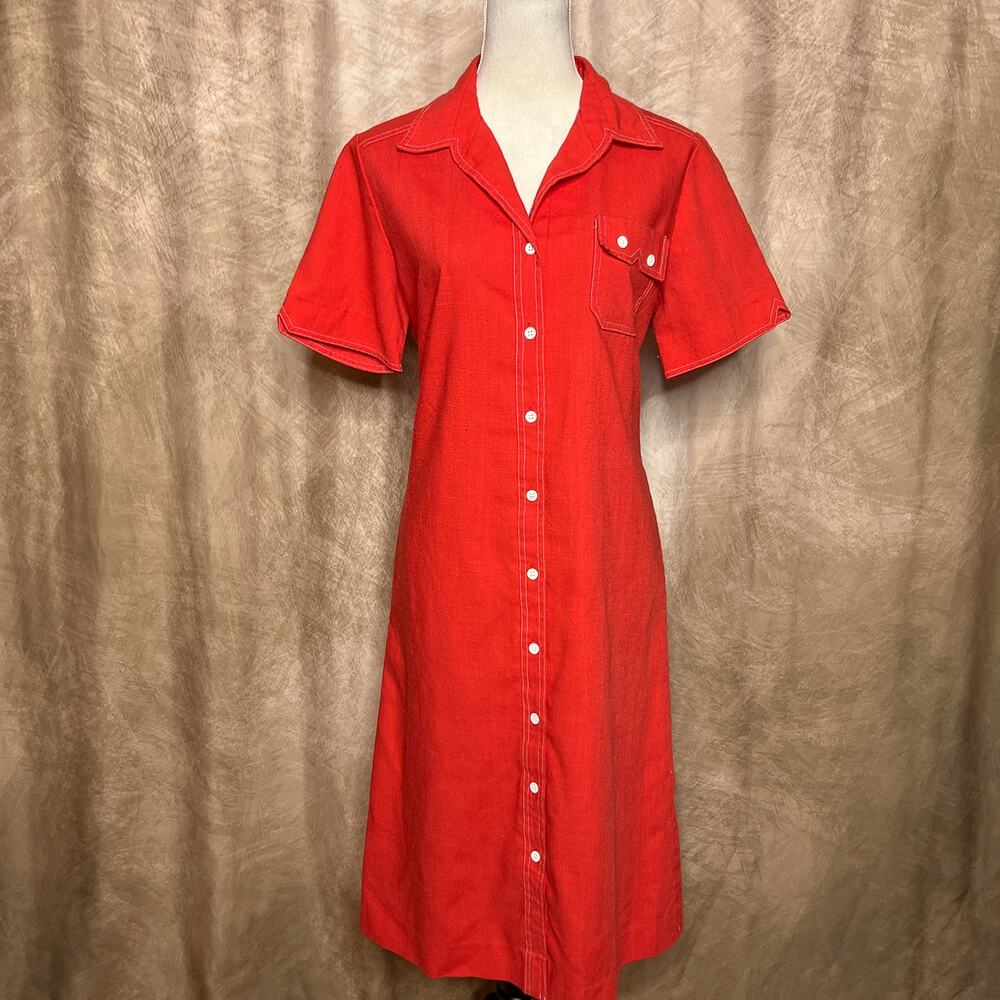 Vintage 70s Sunshine Alley Shirtwaist Shirt Dress Red Button Up Collared Retro